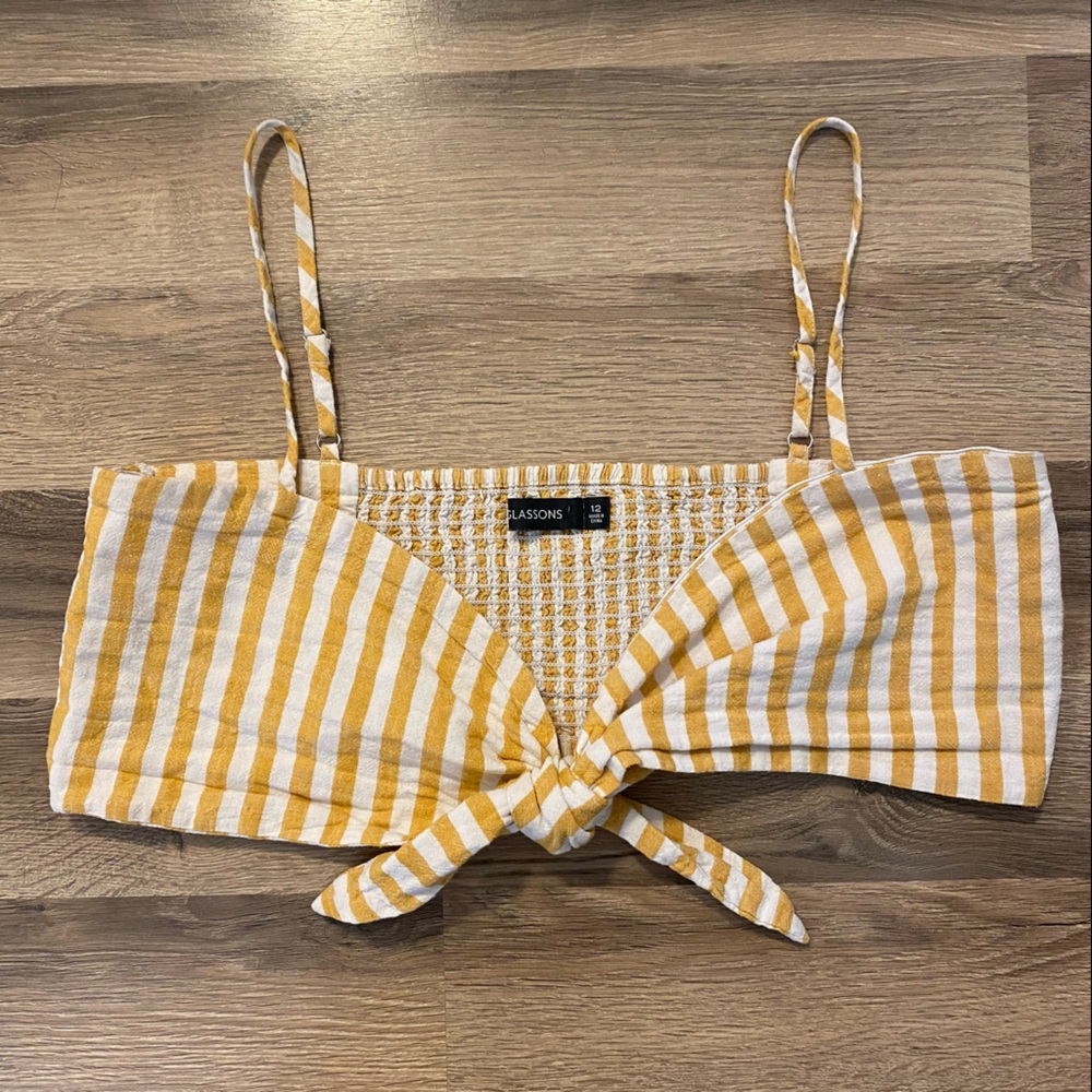 Glassons Yellow/White Stripe Tie Front Bralette Crop Top
